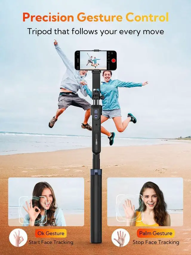 Alt view image 2 of 7 - 70 Auto Face Tracking Tripod Extendable 360 Rotation Phone Holder for iPhone and Android Selfie Stick w/Remote Control and Smart Gesture Phone Tripod Video Recording for TikTok(UTK-01)
