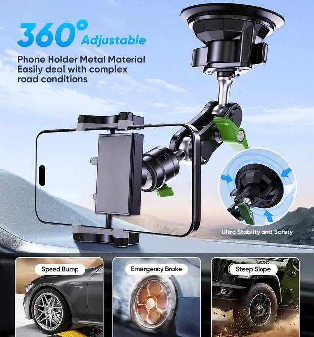 Alt view image 4 of 7 - Car Phone Holder Ultra-Durable Mteal Phone Holders for Your Car 360 Rotation Cell Phone Car Mount for Windshield Suction Cup Car Phone Mount for iPhone  All Smartphone