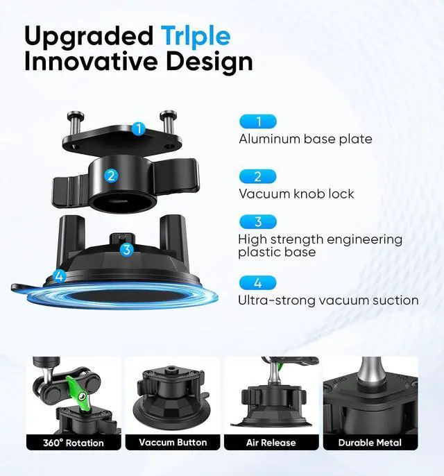 Alt view image 6 of 7 - Car Phone Holder Ultra-Durable Mteal Phone Holders for Your Car 360 Rotation Cell Phone Car Mount for Windshield Suction Cup Car Phone Mount for iPhone  All Smartphone