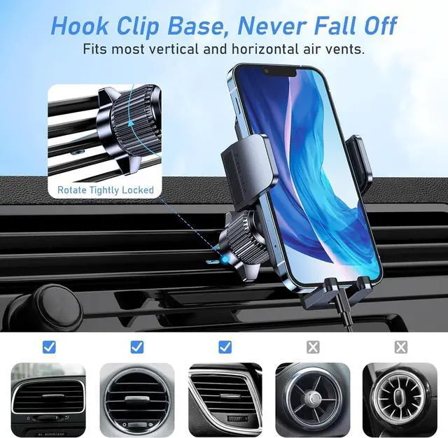 Alt view image 6 of 7 - Car Phone Holder Mount, Super Stable Air Vent Cell Phone Car Mount with 2025 Metal Hook Clip, 360° Rotation,One Button Release for iPhone, Samsung, Google, and All Other Smartphones