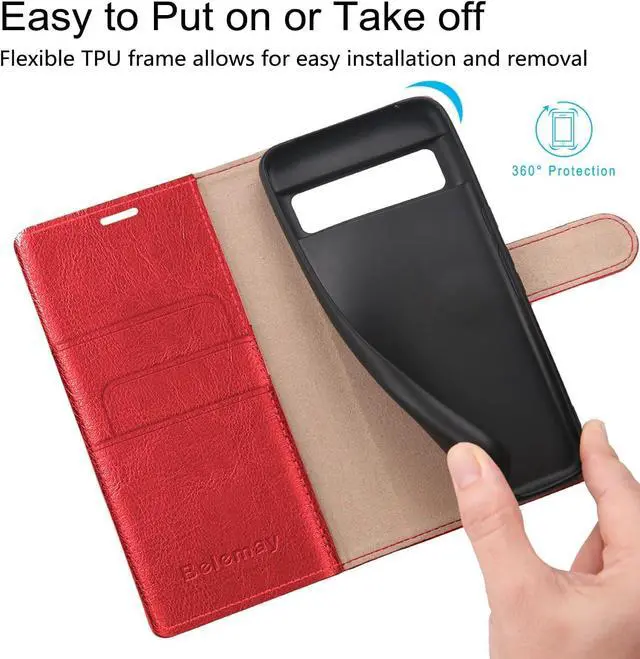 Alt view image 4 of 7 - for Google Pixel 8 Pro Case Wallet-Genuine Leather-RFID Blocking Card Holders-Shockproof TPU Shell Kickstand Flip Folding Phone Cover Women Men Compatible with Google Pixel 8 Pro-Red