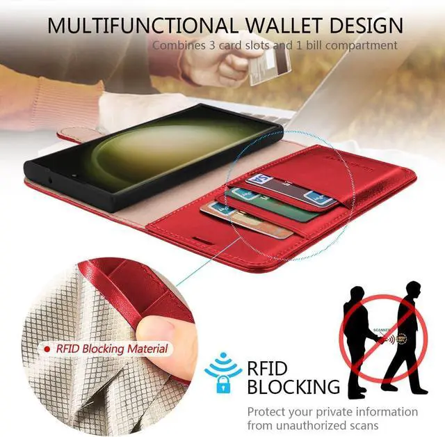Alt view image 3 of 7 - for Google Pixel 8 Pro Case Wallet-Genuine Leather-RFID Blocking Card Holders-Shockproof TPU Shell Kickstand Flip Folding Phone Cover Women Men Compatible with Google Pixel 8 Pro-Red