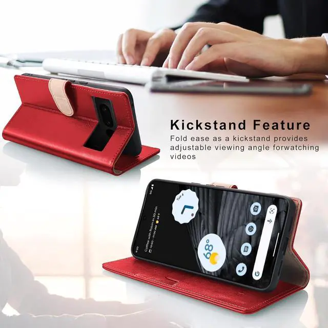 Alt view image 5 of 7 - for Google Pixel 8 Pro Case Wallet-Genuine Leather-RFID Blocking Card Holders-Shockproof TPU Shell Kickstand Flip Folding Phone Cover Women Men Compatible with Google Pixel 8 Pro-Red