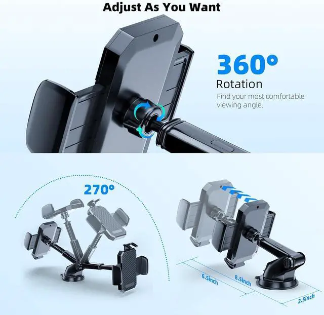 Alt view image 4 of 7 - FBB Phone Mount for Car, [ Off-Road Level Suction Cup Protection ] 3in1 Long Arm Suction Cup Holder Universal Cell Phone Holder Mount Dashboard Windshield Vent Compatible with All Smartphones