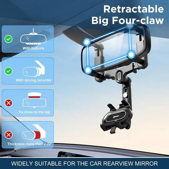 Alt view image 3 of 7 - Large Rearview Mirror Phone Holder for Car 360Rotatable and Retractable 2023 Upgraded Four Corners Fixed Anti-Shake Multifunctional Design for Car Rearview Mirror with Button