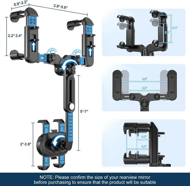 Alt view image 6 of 7 - Large Rearview Mirror Phone Holder for Car 360Rotatable and Retractable 2023 Upgraded Four Corners Fixed Anti-Shake Multifunctional Design for Car Rearview Mirror with Button