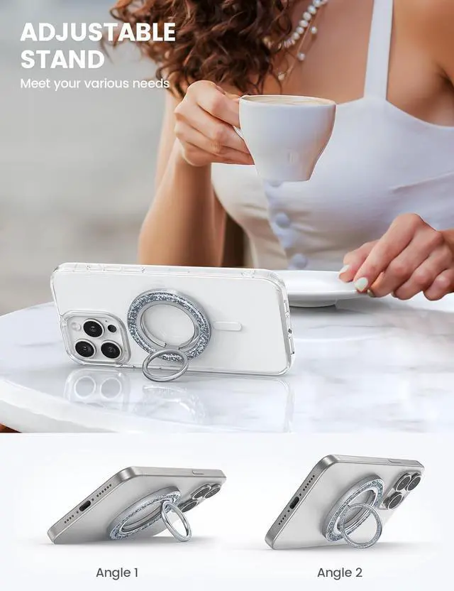 Alt view image 6 of 7 - Magnetic Phone Ring for MagSafe Grip - 2025 [Super Magnet] Stylish Twinkle Ring Holder Stand with [Upgrade Gear Hinge] Mag Safe Accessory for iPhone 16 15 14 13 Pro Max Plus Glitter Silver