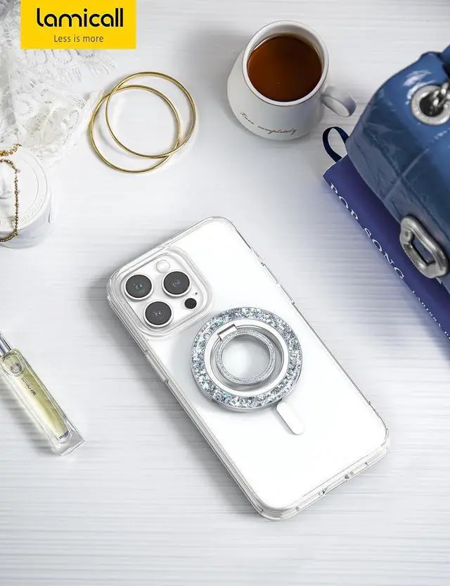 Alt view image 7 of 7 - Magnetic Phone Ring for MagSafe Grip - 2025 [Super Magnet] Stylish Twinkle Ring Holder Stand with [Upgrade Gear Hinge] Mag Safe Accessory for iPhone 16 15 14 13 Pro Max Plus Glitter Silver