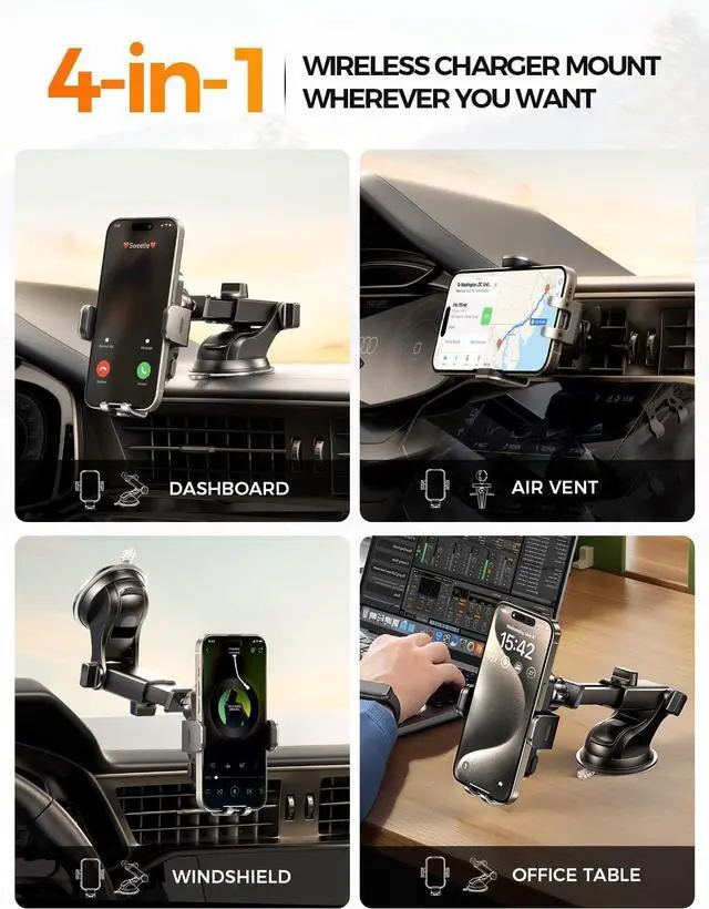 Alt view image 2 of 7 - CHGeek Wireless Car Charger Phone Holder Mount, 15W Fast Charging Auto Clamping Phone Holders for Your Car Dashboard Windshield Air Vent Car Accessories for iPhone, Samsung Galaxy, Google Pixel etc