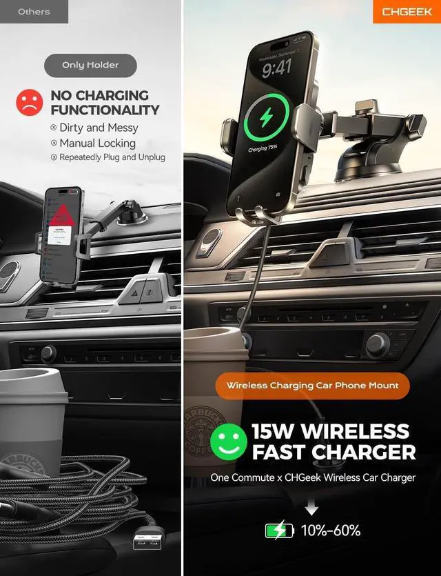 Alt view image 3 of 7 - CHGeek Wireless Car Charger Phone Holder Mount, 15W Fast Charging Auto Clamping Phone Holders for Your Car Dashboard Windshield Air Vent Car Accessories for iPhone, Samsung Galaxy, Google Pixel etc