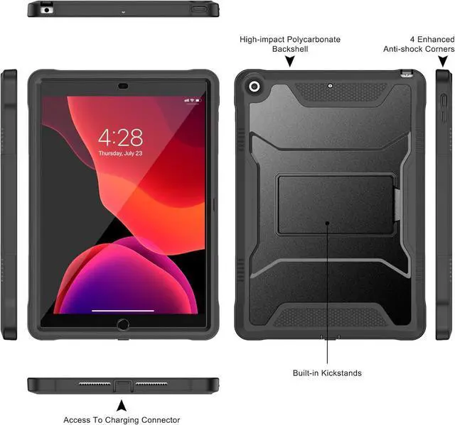 Alt view image 3 of 7 - Case for iPad 9th/8th/7th Generation 10.2-Inch (2021/2020/2019 Release) with Built-in Screen Protector and Kickstand Rugged Full Body Protective Cover for  iPad 10.2 Inch - Black