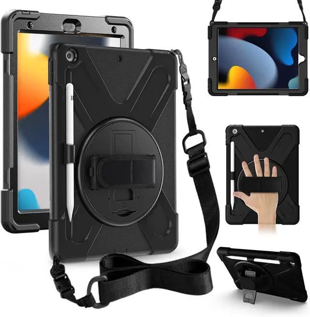 Main image of iPad 9th Generation Case 10.2 inch 2021 Rugged Shockproof Case for iPad 8th/7th Generation with Pencil Holder Rotating Hand Strap &Stand Shoulder Strap and Screen Protector Black