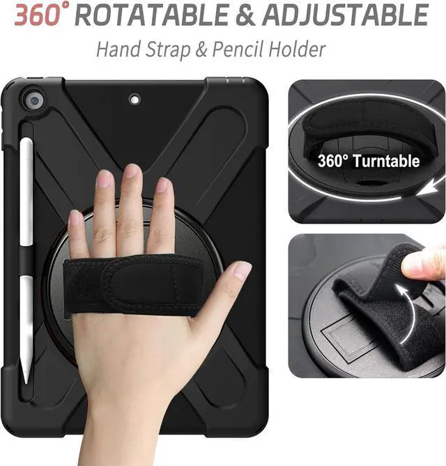 Alt view image 3 of 7 - iPad 9th Generation Case 10.2 inch 2021 Rugged Shockproof Case for iPad 8th/7th Generation with Pencil Holder Rotating Hand Strap &Stand Shoulder Strap and Screen Protector Black