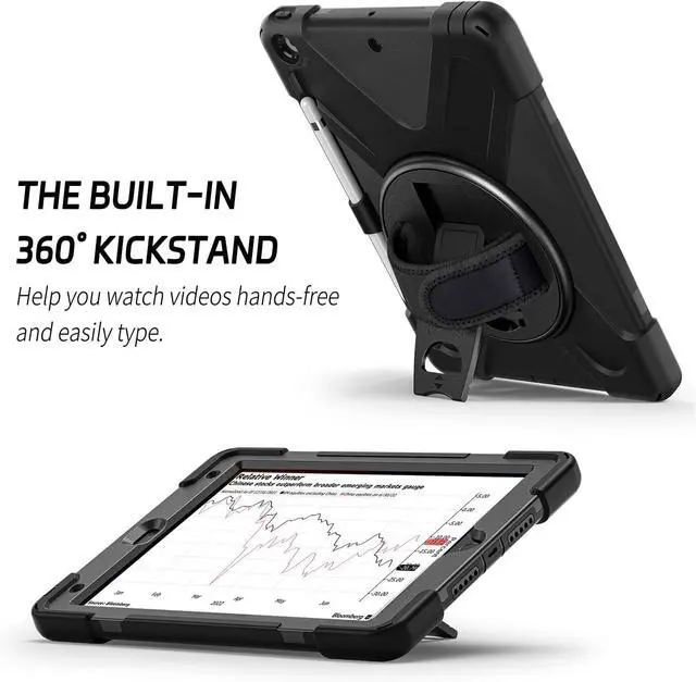 Alt view image 4 of 7 - iPad 9th Generation Case 10.2 inch 2021 Rugged Shockproof Case for iPad 8th/7th Generation with Pencil Holder Rotating Hand Strap &Stand Shoulder Strap and Screen Protector Black