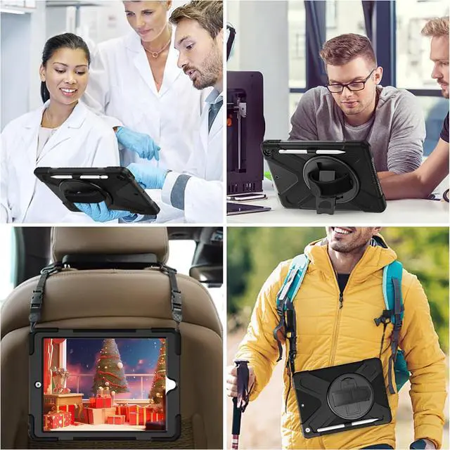 Alt view image 5 of 7 - iPad 9th Generation Case 10.2 inch 2021 Rugged Shockproof Case for iPad 8th/7th Generation with Pencil Holder Rotating Hand Strap &Stand Shoulder Strap and Screen Protector Black