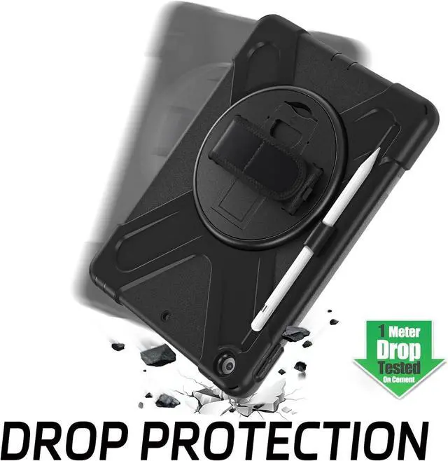 Alt view image 6 of 7 - iPad 9th Generation Case 10.2 inch 2021 Rugged Shockproof Case for iPad 8th/7th Generation with Pencil Holder Rotating Hand Strap &Stand Shoulder Strap and Screen Protector Black