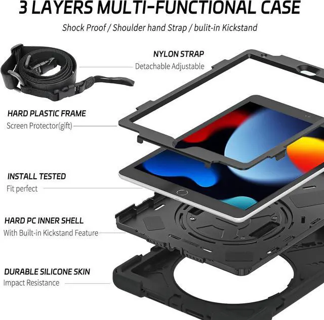 Alt view image 7 of 7 - iPad 9th Generation Case 10.2 inch 2021 Rugged Shockproof Case for iPad 8th/7th Generation with Pencil Holder Rotating Hand Strap &Stand Shoulder Strap and Screen Protector Black