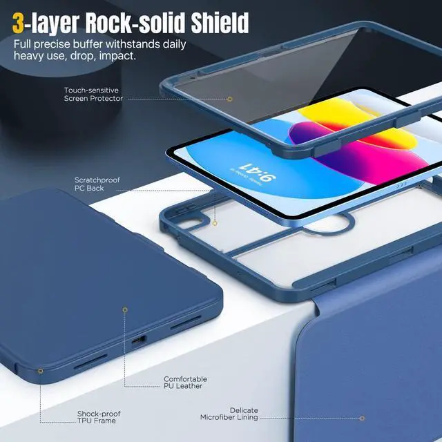 Alt view image 3 of 7 - for iPad 11-inch (A16) 11th Generation Case 2025/ iPad 10th Generation Case with Pencil Holder 2022 10.9 inch Built-in Screen Protector Clear Back Multi Angle Viewing Stand Navy Blue