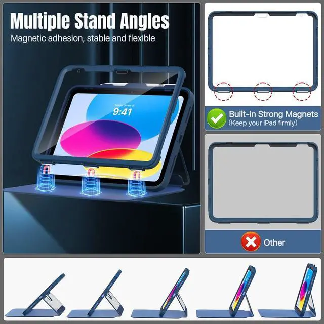 Alt view image 4 of 7 - for iPad 11-inch (A16) 11th Generation Case 2025/ iPad 10th Generation Case with Pencil Holder 2022 10.9 inch Built-in Screen Protector Clear Back Multi Angle Viewing Stand Navy Blue