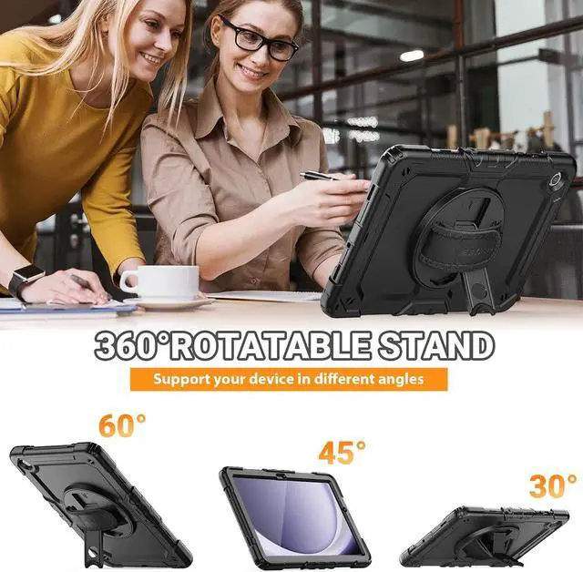 Alt view image 4 of 7 - Case for  Galaxy Tab A9+/ A9 Plus Case 11 2023 (SM-X210/X216/X218) Heavy Duty Shockproof Protective Case with Screen Protector Rotating Stand and Hand/Shoulder Strap Black