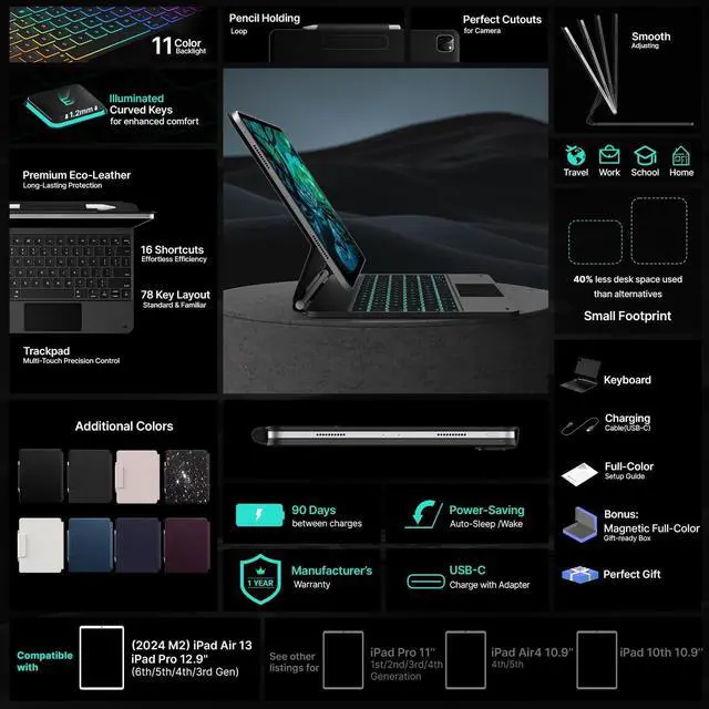 Alt view image 6 of 7 - Keyboard Case for iPad Air 13(M3 2025 / M2 2024) and iPad Pro 12.9 (6th 5th 4th 3rd Gen) Magic Keyboard for iPad Pro 12.9 Keyboard Case with Multi-Touch Trackpad 11 Colors Backlight Black