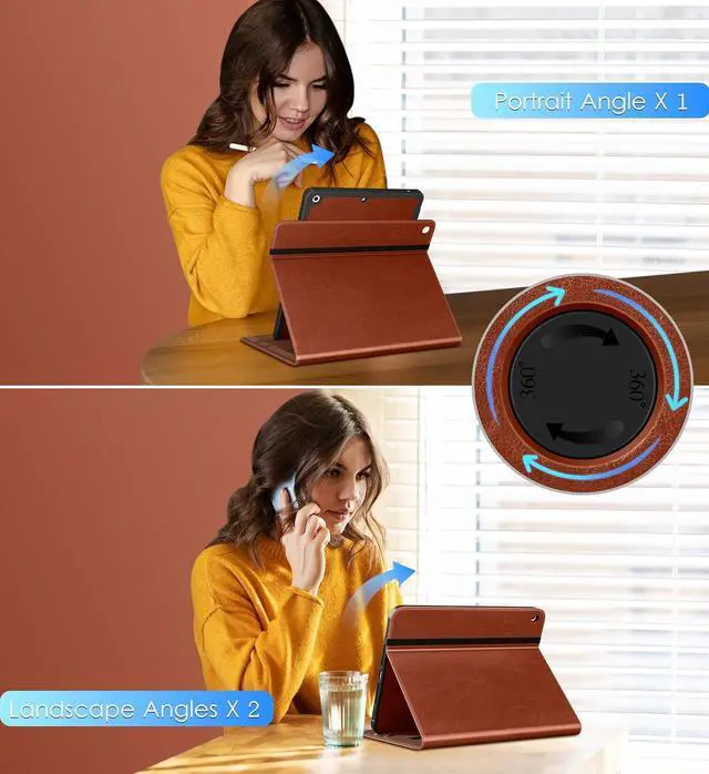 Alt view image 5 of 7 - Rotating Case for iPad 9th/8th/7th Generation 10.2 Inch 2021/2020/2019 360 Degree Swiveling Premium Leather Folio Stand Cover with Pencil Holder - Auto Wake/Sleep and Hand Strap Brown