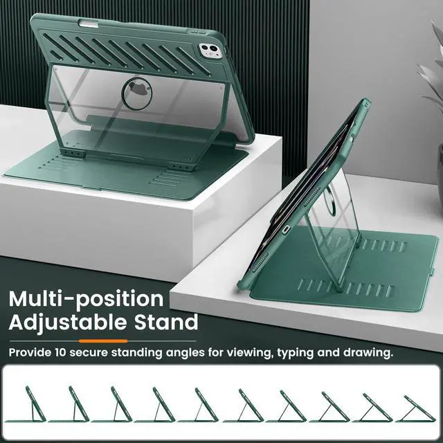Alt view image 4 of 7 - for iPad Pro 13 inch Case 2024 with Built-in Pencil Holder [10 Strong Magnetic Viewing angles Shockproof Protective Clear Back Cover] Military Rugged Case for iPad Pro 13 2024 Midnight Green