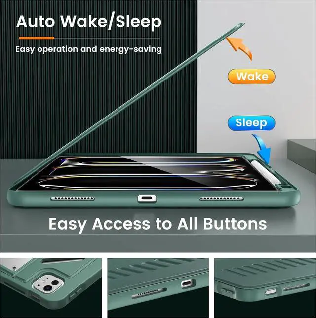 Alt view image 5 of 7 - for iPad Pro 13 inch Case 2024 with Built-in Pencil Holder [10 Strong Magnetic Viewing angles Shockproof Protective Clear Back Cover] Military Rugged Case for iPad Pro 13 2024 Midnight Green
