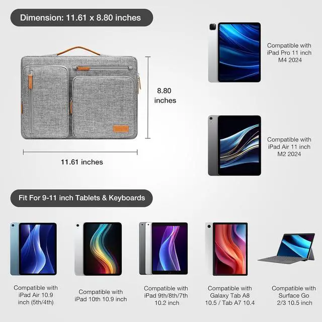 Alt view image 2 of 7 - 9-11 inch Tablet Sleeve Case for iPad Pro 11 inch M4 iPad Air 11 inch M2 2024 iPad 9/8/7th 10.2 iPad 10th 10.9 Galaxy Tab S9/S8 Side Open Carrying Bag with 4 Zipper Pockets Gray