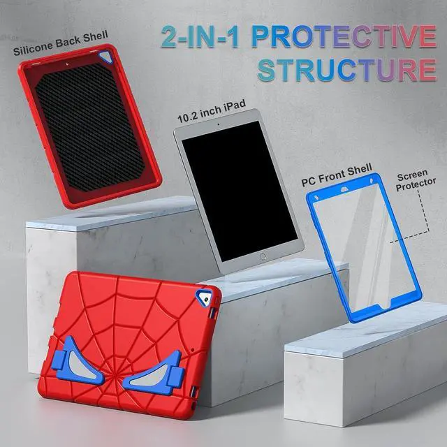 Alt view image 4 of 6 - Case for iPad 9th Generation/iPad 8th 7th Generation 10.2 inch 2021/2020/2019 Heavy Duty Shockproof Rugged Protective Cover 10.2 with Stand Kids Red+Blue