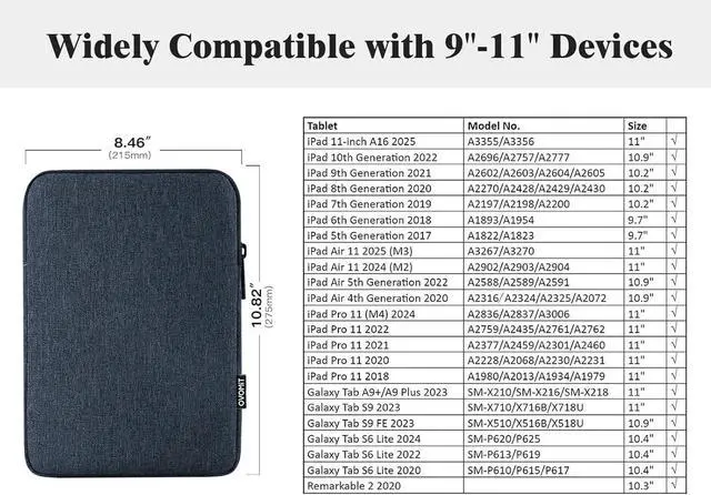 Alt view image 2 of 7 - 9-11 Tablet Sleeve Bag for iPad 11-inch A16 2025 iPad 10th Gen. 10.9 iPad 10.2 iPad Air 11 Inch/5th/4th Gen. 10.9 Galaxy Tab A9 Plus 11 Protective Bag Fit Smart Keyboard Dusty Blue