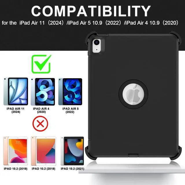 Alt view image 2 of 7 - Case for iPad Air 11 inch M2 2024 Air 6th /10.9 Air 5th 2022/Air 4th 2020 [Built-in Screen Protector] Heavy Duty Military Grade Shockproof Multi-Layer Protection with Stand Black