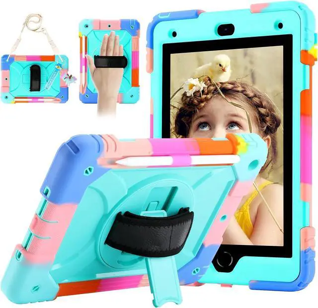 Main image of for iPad 9th/8th/7th Generation Case iPad 10.2 Case 2021/2020/2019 with Cute Key Chain Rugged Protective Case with 360Rotating Stand & Shoulder Hand Strap & Pen Slot for 10.2 Inch (Rainbow Aqua)