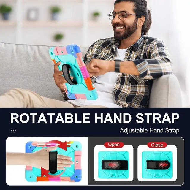 Alt view image 5 of 7 - for iPad 9th/8th/7th Generation Case iPad 10.2 Case 2021/2020/2019 with Cute Key Chain Rugged Protective Case with 360Rotating Stand & Shoulder Hand Strap & Pen Slot for 10.2 Inch (Rainbow Aqua)