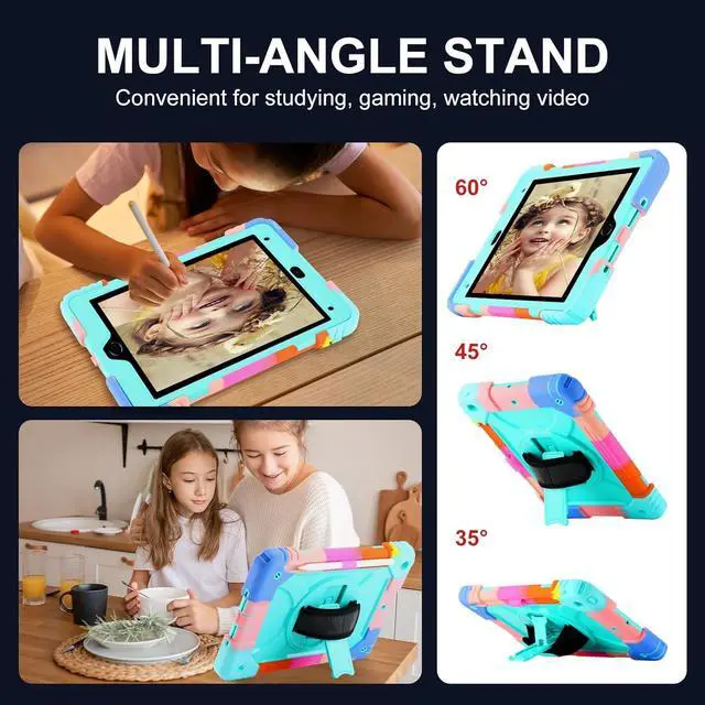 Alt view image 6 of 7 - for iPad 9th/8th/7th Generation Case iPad 10.2 Case 2021/2020/2019 with Cute Key Chain Rugged Protective Case with 360Rotating Stand & Shoulder Hand Strap & Pen Slot for 10.2 Inch (Rainbow Aqua)