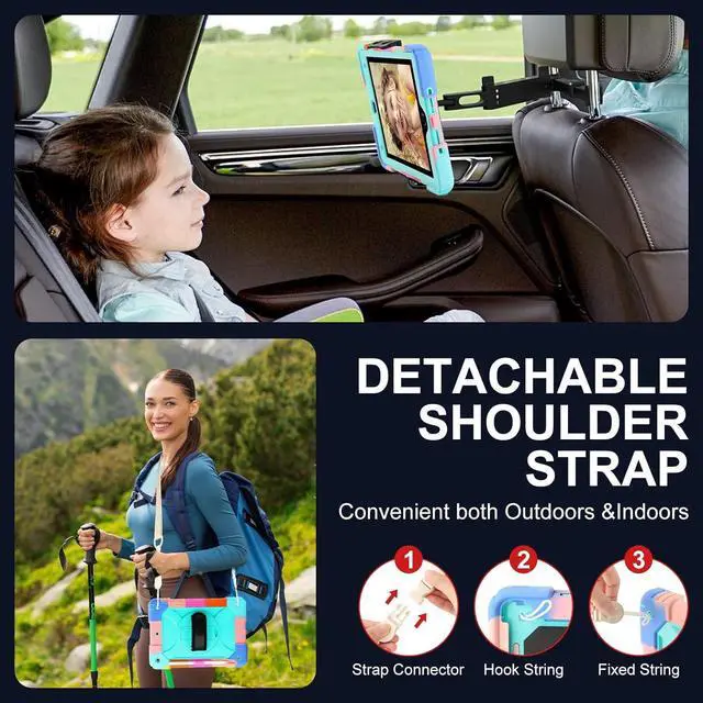 Alt view image 7 of 7 - for iPad 9th/8th/7th Generation Case iPad 10.2 Case 2021/2020/2019 with Cute Key Chain Rugged Protective Case with 360Rotating Stand & Shoulder Hand Strap & Pen Slot for 10.2 Inch (Rainbow Aqua)