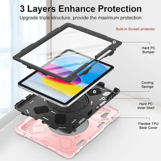 Alt view image 5 of 7 - Case for iPad 10th Generation with Screen Protector Full-Body Drop Protection 360 Rotate Stand/Hand Strap Cover Compatible with iPad 10th Gen 10.9 Model A2696/A2757/A2777