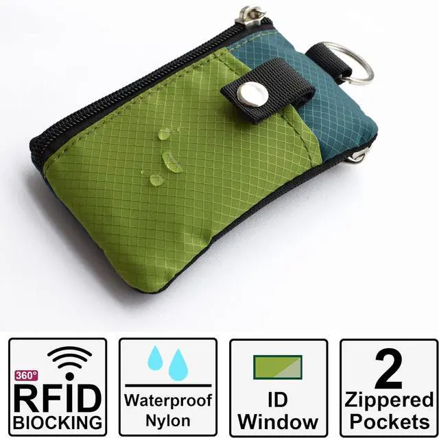 Alt view image 2 of 6 - Minimalist RFID Blocking Small Wallet with ID Window WaterResistant Zip Id Case Wallet with Lanyard Keychain for Cards Cash Travel Women Men (GreenOnion+DarkGreen)