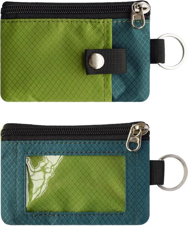 Alt view image 3 of 6 - Minimalist RFID Blocking Small Wallet with ID Window WaterResistant Zip Id Case Wallet with Lanyard Keychain for Cards Cash Travel Women Men (GreenOnion+DarkGreen)
