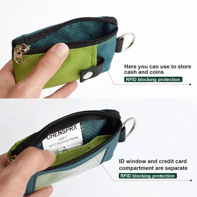 Alt view image 4 of 6 - Minimalist RFID Blocking Small Wallet with ID Window WaterResistant Zip Id Case Wallet with Lanyard Keychain for Cards Cash Travel Women Men (GreenOnion+DarkGreen)