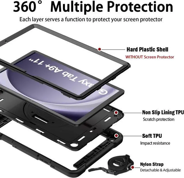 Alt view image 3 of 7 - for  Galaxy Tab A9+ Plus Case 11 2023 (SM-X210/X216/X218) Shockproof Galaxy Tab A9 Plus Case with Rotating Stand and Hand/Shoulder Strap Black