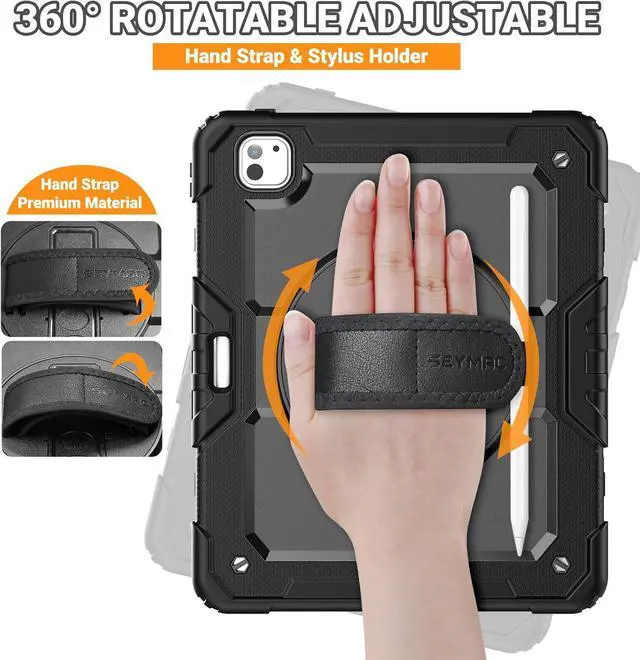 Alt view image 3 of 7 - for iPad Pro 13 Inch Case 2024 M4 (7th Generation) Heavy Duty Shockproof Protective Case with Screen Protector 360 Rotating Stand Hand/Shoulder Strap and Pen Holder Black