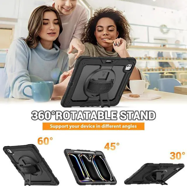 Alt view image 4 of 7 - for iPad Pro 13 Inch Case 2024 M4 (7th Generation) Heavy Duty Shockproof Protective Case with Screen Protector 360 Rotating Stand Hand/Shoulder Strap and Pen Holder Black
