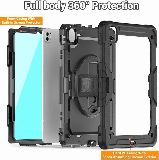 Alt view image 5 of 7 - for iPad Pro 13 Inch Case 2024 M4 (7th Generation) Heavy Duty Shockproof Protective Case with Screen Protector 360 Rotating Stand Hand/Shoulder Strap and Pen Holder Black
