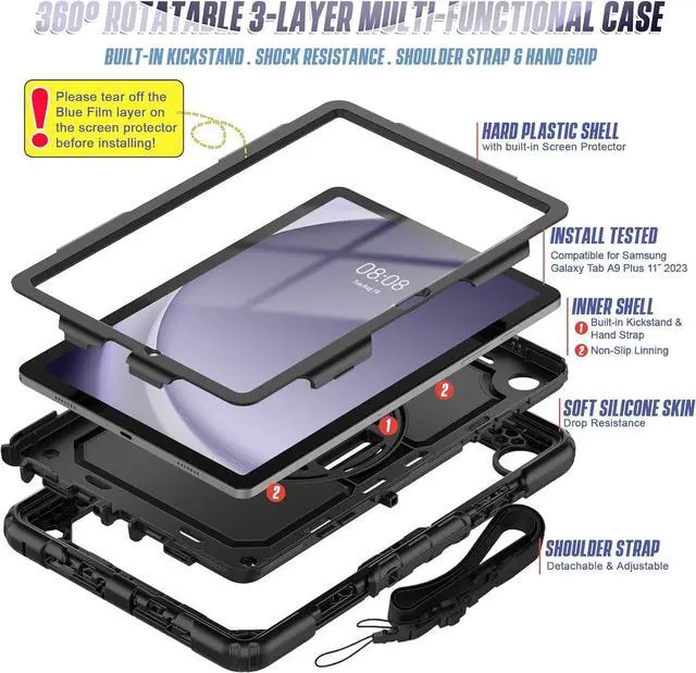 Alt view image 6 of 6 - Case Compatible with Galaxy Tab A9+ Plus 11 Inch Model SM-X210/X216/X218 with Screen Protector Pen Holder Stand Shoulder Strap Handle Grip | Black