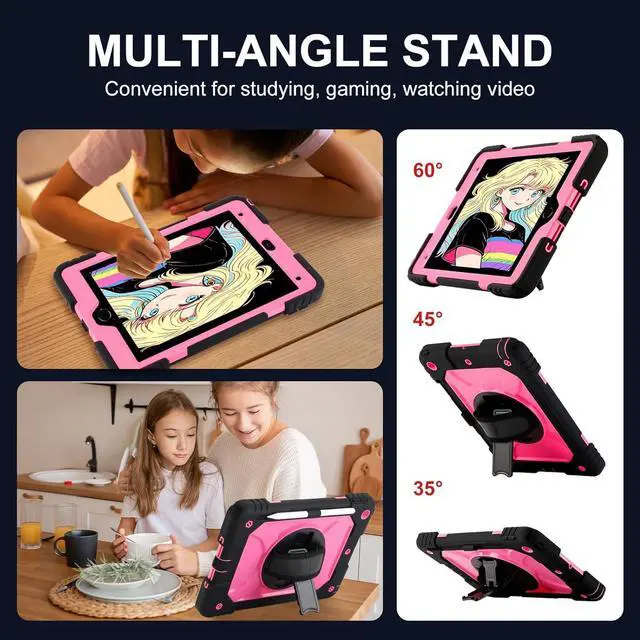 Alt view image 6 of 7 - for iPad 9th/8th/7th Generation Case iPad 10.2 Case 2021/2020/2019 with Cute Key Chain Rugged Protective Case with 360Rotating Stand & Shoulder Hand Strap & Pen Slot for 10.2 Inch (Black+Rose)