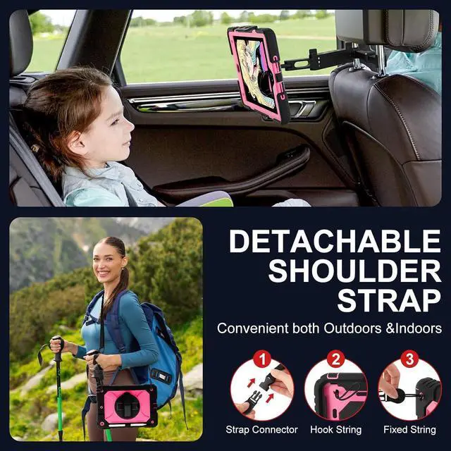 Alt view image 7 of 7 - for iPad 9th/8th/7th Generation Case iPad 10.2 Case 2021/2020/2019 with Cute Key Chain Rugged Protective Case with 360Rotating Stand & Shoulder Hand Strap & Pen Slot for 10.2 Inch (Black+Rose)