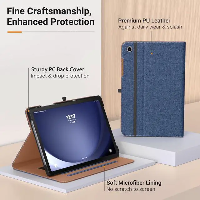 Alt view image 5 of 7 - Case for  Galaxy Tab A9 Plus 11 2023 (SM-X210/SM-X216/SM-X218) PU Leather Multi-Angle Viewing Folding Stand Cover Case with Hand Strap Front Pocket Auto Wake/Sleep Denim Blue & Brown