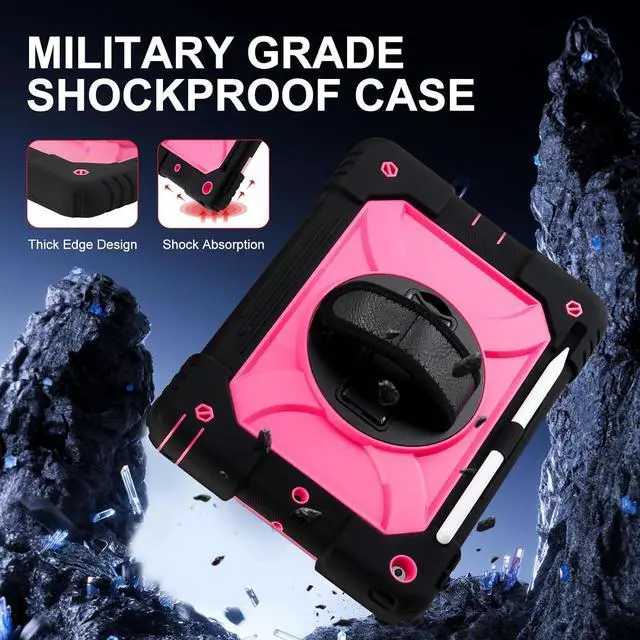 Alt view image 2 of 7 - for iPad 9th/8th/7th Generation Case iPad 10.2 Case 2021/2020/2019 with Cute Key Chain Rugged Protective Case with 360Rotating Stand & Shoulder Hand Strap & Pen Slot for 10.2 Inch (Black+Rose)