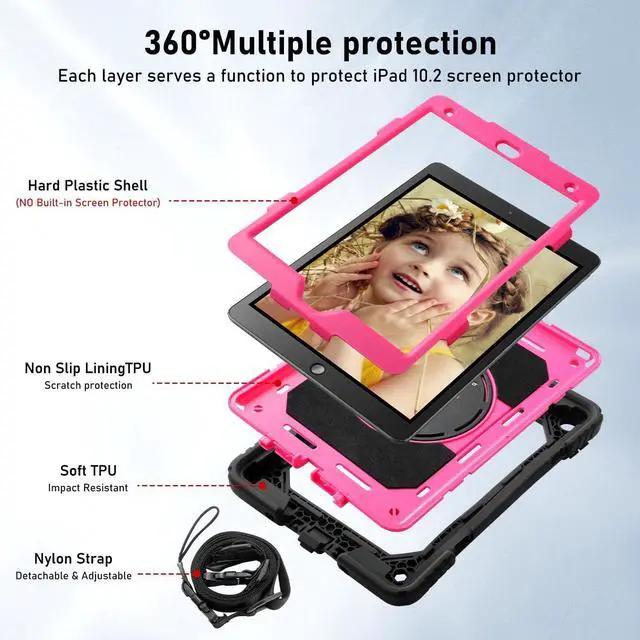 Alt view image 3 of 7 - for iPad 9th/8th/7th Generation Case iPad 10.2 Case 2021/2020/2019 with Cute Key Chain Rugged Protective Case with 360Rotating Stand & Shoulder Hand Strap & Pen Slot for 10.2 Inch (Black+Rose)